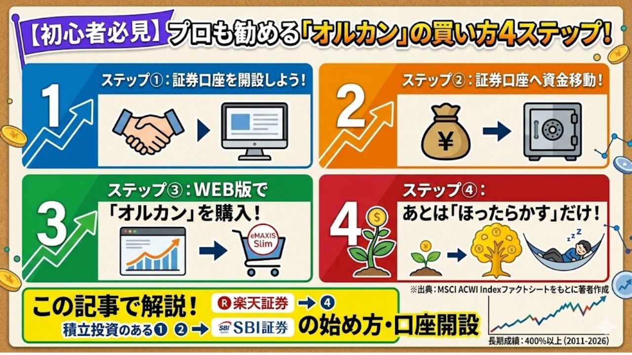 【初心者必見】プロも勧める「オルカン」の買い方4ステップ！楽天証券とSBI証券どっちがいい？